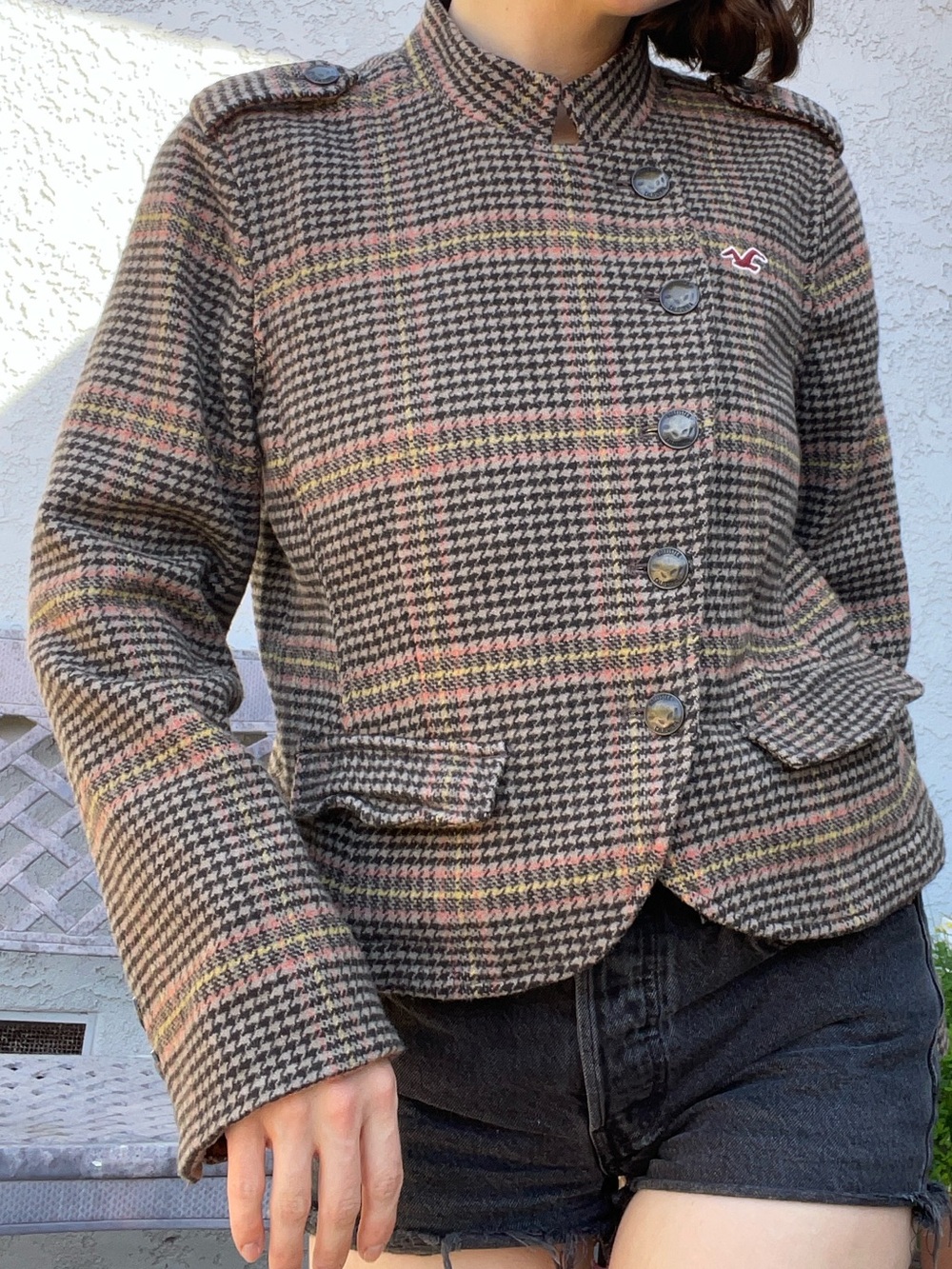 Hollister Women's Plaid Cropped Button Jacket - Brown & Pink Vintage Wool